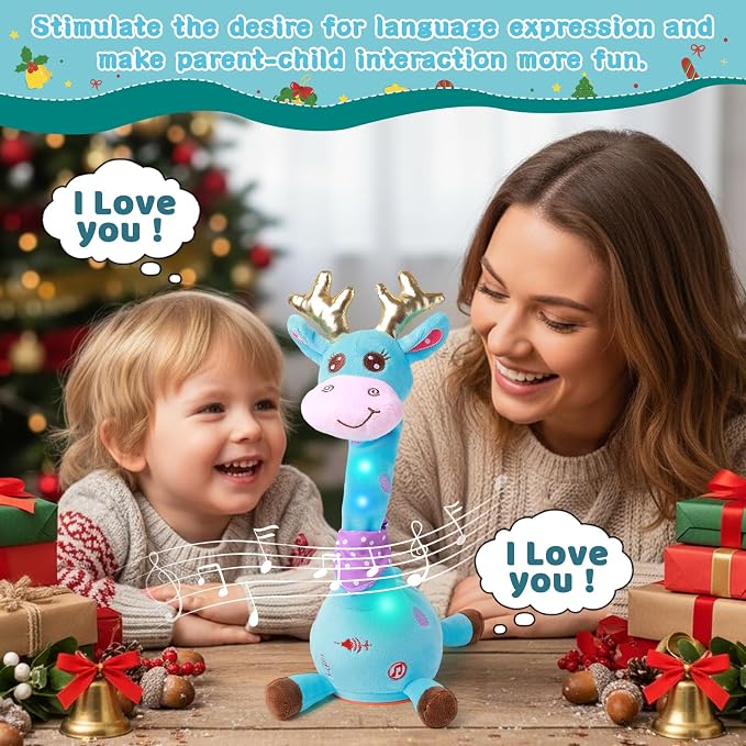 Dancing Talking Giraffe Toy, Stuffed Animal Baby Toy Repeating What You Say, Glowing Musical Giraffe Gifts for Toddlers 1-3 Years Old, for Kids (Blue Giraffe Antlers)