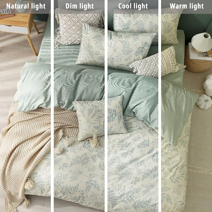 LEMIROE Botanical Cotton Comforter Queen Size - Dusty Green Comforter Printed with Luxurious Greyish-Green Ferns on Beige,Reversible Lightweight Bedding Sets 3Pcs(90"×90")