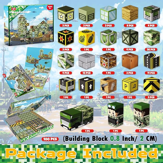 Annexfun Magnetic Blocks-100PCS Military Building Blocks Set, Kids Classroom Sensory Toy for Toddlers STEM Learning, Construction Stacking Toy for Kids 3+ Boys and Girls Christmas Birthday Gifts Toys
