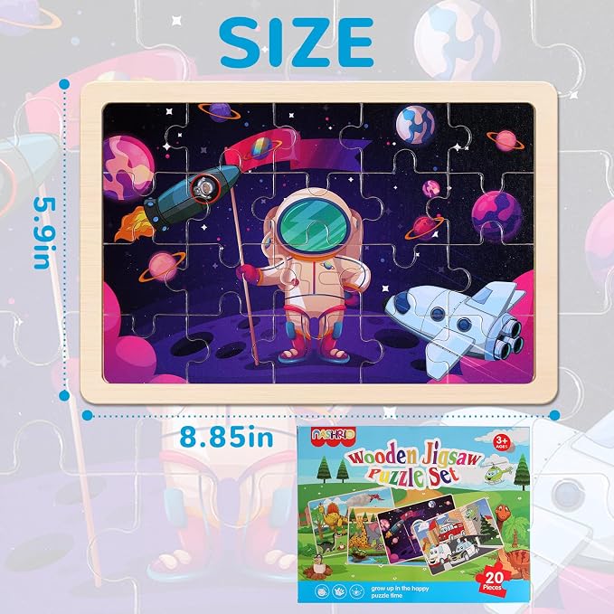 Wooden Puzzles Toys for Kids Ages 3-5, Set of 4 Packs Dinosaur, Space, Transportation Wood Toddler Puzzles, Preschool Brain Teaser Toys for Boys and Girls 3 4 5 6 Years Old