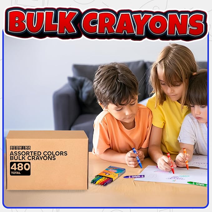 Bedwina Bulk Crayons Case of 480 6-packs Total 2880 Color Crayon Bulk School Supplies For Kids & Toddler, Teachers & Classroom, Nontoxic Travel Crayons Party Favors, Restaurants, Goody Bags Stuffers