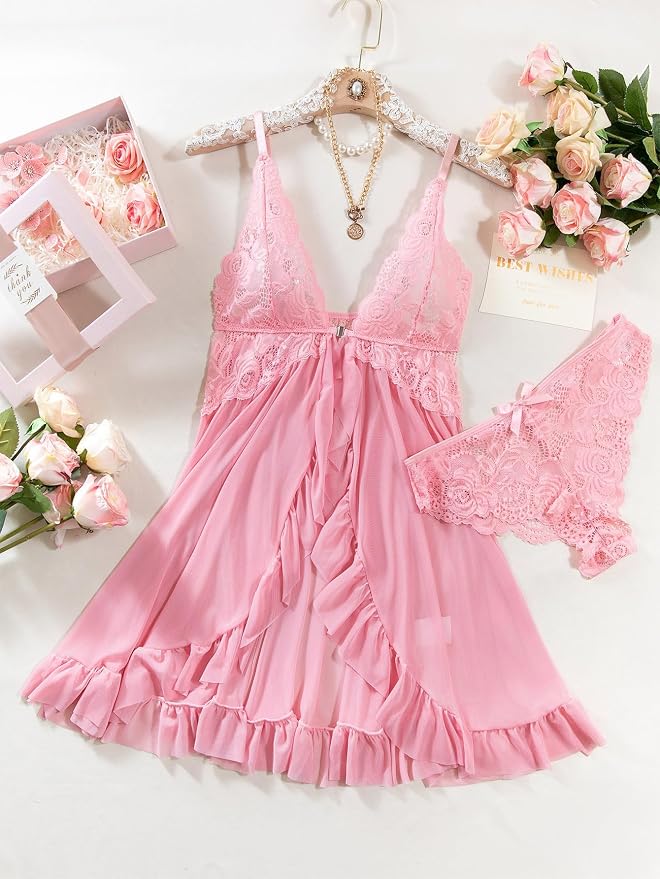 Foxiny Sexy Open Front V Neck Ruffle Sheer Mesh Lace Wireless Babydoll Lingerie Dress with Thong 2 Piece