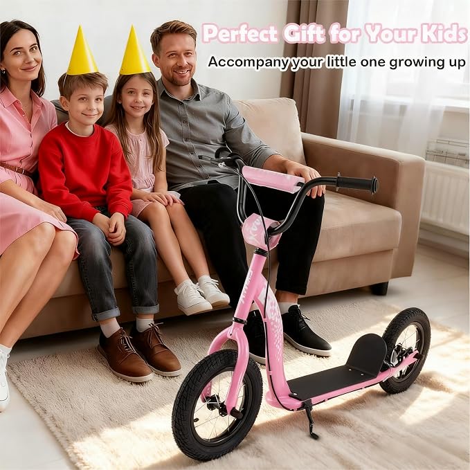 GYMAX Scooter, Kick Scooter for Adults, Teens, Kids with Adjustable Handlebar, 12” Inflatable Wheels, Front Caliper Brake & Non-Slip Deck, Heavy Duty Off-Road Scooter