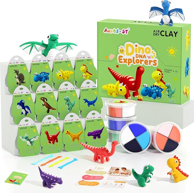 Air Dry Clay Kit - Dinosaur Theme, Modeling Clay for Kids, DIY Magic with Sculpting Tools and Tutorials, 12 Boxes Molding Clays, Ultra Light, Soft & Non-Sticky, Arts and Crafts Gift for Kids