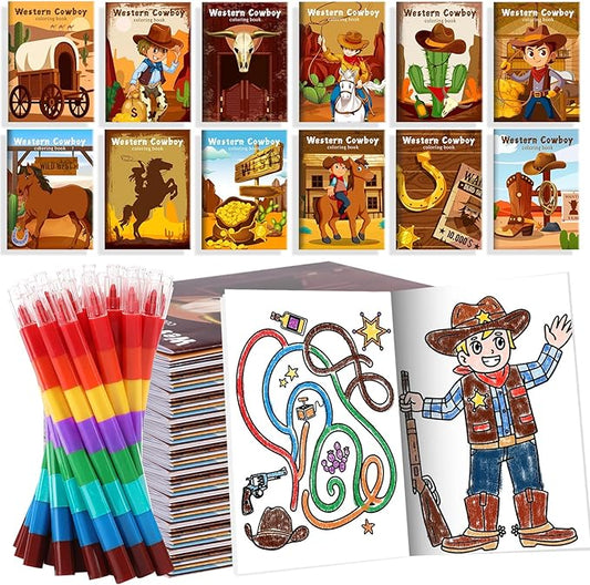 BenLouis 12 Western Cowboy Mini Coloring Books Kids with 12 Stacking Crayons Wild West Party Favors Small Activity Books Bulk for Kids Yee Haw Rodeo Party Horse Gift Goodie Bag Stuffers