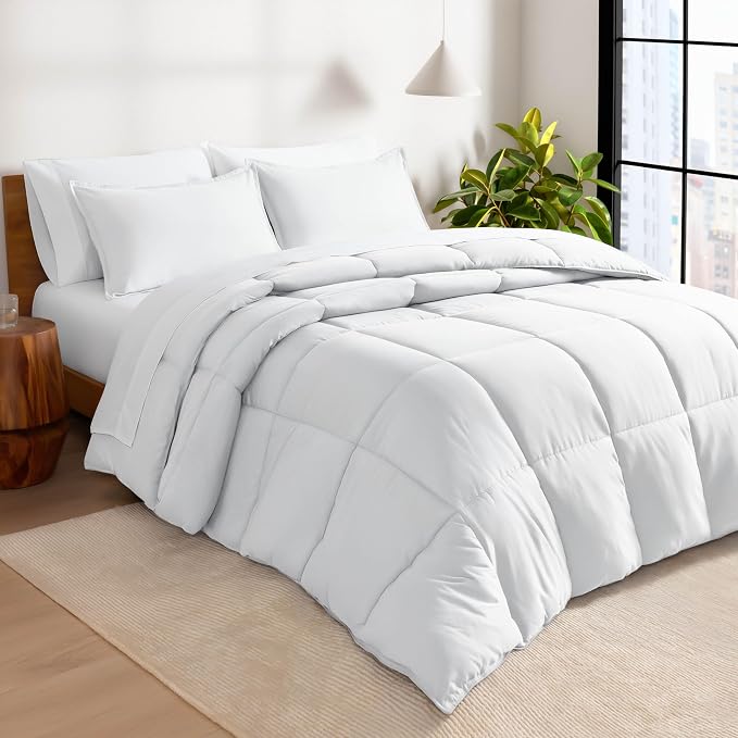 Bare Home Bed-in-A-Bag 7 Piece Comforter & Sheet Set - Full - Goose Down Alternative - Ultra-Soft 1800 Premium - Bedding Set (Full, White/White)