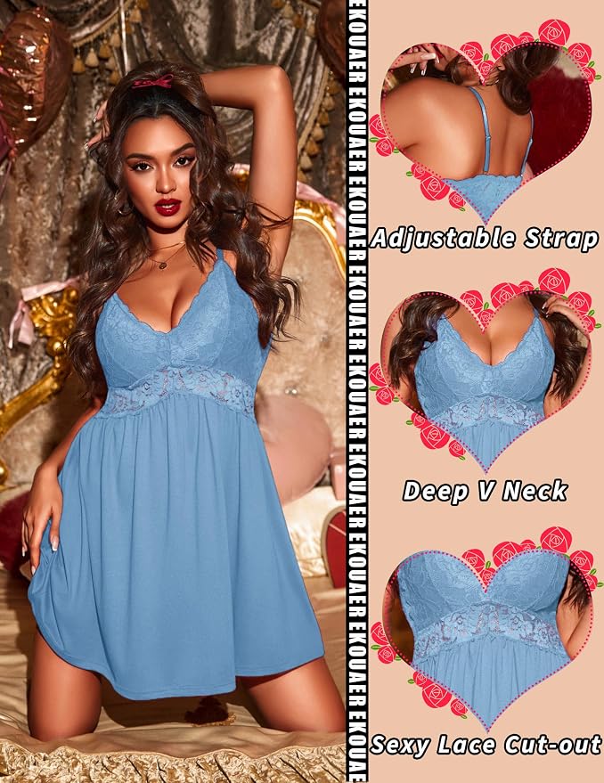 Ekouaer Lingerie for Women Sexy Nightgown Lace Trim Sleep Dress Chemise Nightgowns Sleeveless Night Gown Sleepwear S-3XL