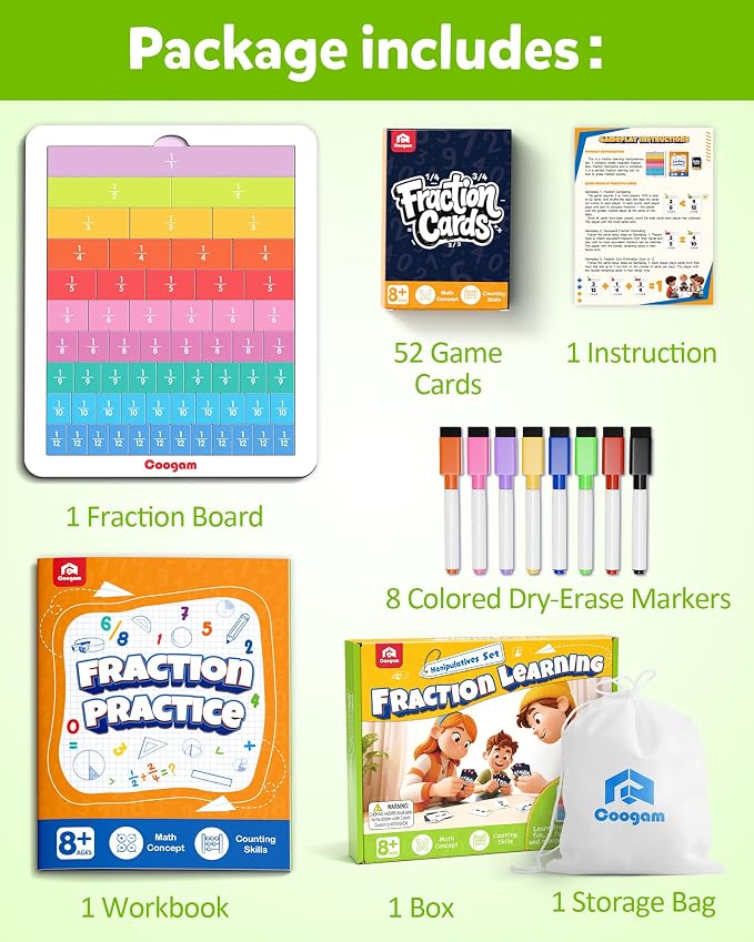Coogam Magnetic Fraction Tiles - Montessori Math Manipulatives for Fraction Learning & Practice, Educational Games for Homeschool & Classroom, Grades 2-5