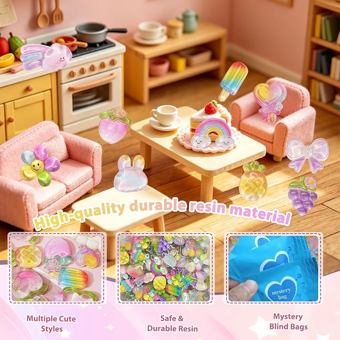 50PCS Rainbow Mystery Blind Bag Mini Toy Set, Colorful Mini Resin Charms Bulk, Cute Surprise Toys, DIY Slime Accessories, Mini Figures for Crafts, Dollhouse Decoration, Party Favor Gift for Kids