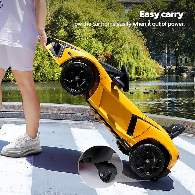 ELEMARA Lamborghini Kids Car with Scissor Door, Ride On Toys with Remote Control, 12v Kids Electric Car with Bluetooth, LED Light, MP3 Player and Wide Seat, Lemon Yellow
