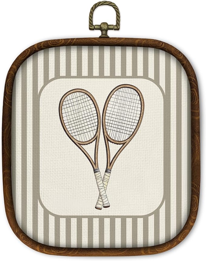 WULQYING Tennis Racket Sports Nursery Wall Art Decor, Boys Room Square Framed Canvas Art Prints, Neutral Striped Sport Lover Gift Wall Hanging Decor for Kids Nursery Room Playroom, 5.7x6.5 Inches