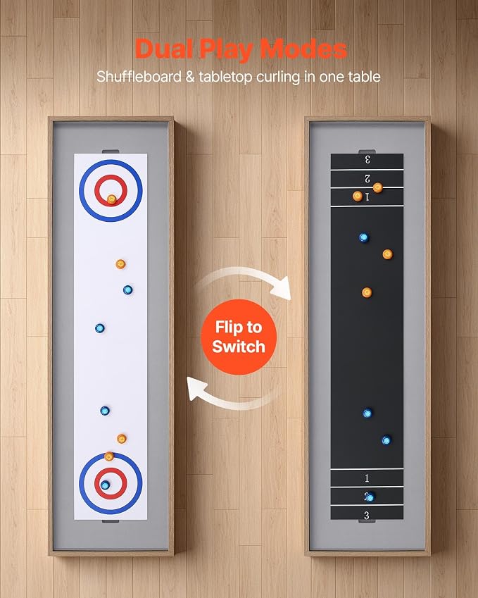 VEVOR 7ft 9ft 12ft Shuffleboard Table 2 in 1 Shuffleboard and Bowling Combo Set, Shuffle Board with Scratch-Resistant Playfield, Pucks, Bowling Set, Wax, Brush for Family Game Rooms