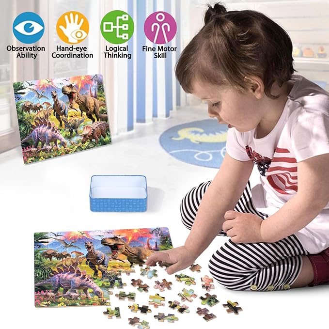 LELEMON Puzzles for Kids Ages 4-6,Dinosaur 100 Piece Puzzles for Kids Ages 6-8 in a Metal Box,Educational Jigsaw Puzzles,Childrens 100 Piece Puzzle Games Puzzle Toys for Girls and Boys