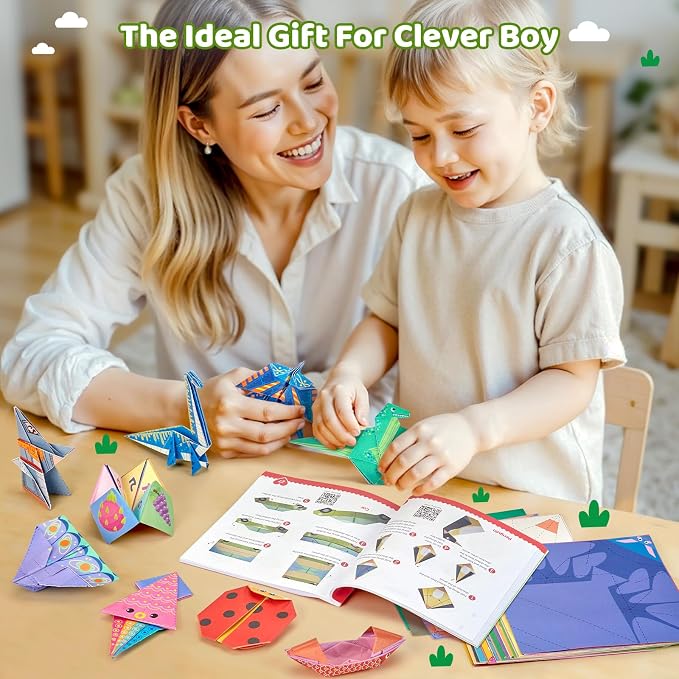 Gamenote Colorful Origami Kit for Kids 72 Projects 180 Double Sided Origami Paper 12 Sheets Practice Papers Instructional Origami Book Origami Gift for 4+ Boys Adult Beginners Training Craft, Dinosaur