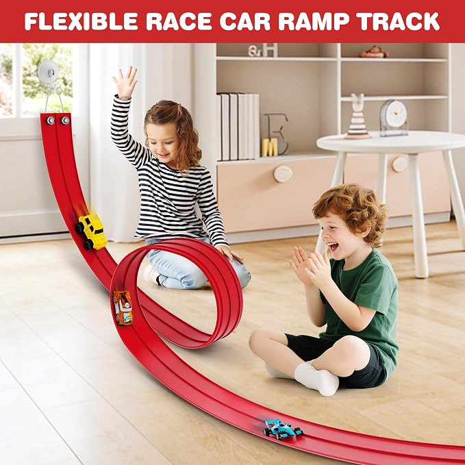 16 Ft Flexible Race Car Ramp Track for Kids Toy with Suction Cups, Compatible with Diecast 1/64th Cars, Rolls Up Portable Racetrack Party Favor Gifts for Boys Ages 3-10 Year Old (Racing Red)