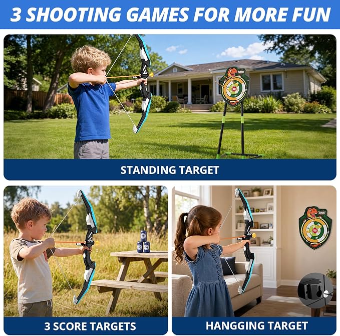 HYES Bow and Arrow for Kids, LED Light Up Archery Set with 12 Suction Cup Arrows, 1 Standing Target, 3 Score Targets & 1 Quiver, Indoor Outdoor Sport Gifts for Boys Girls Ages 4-12, Blue