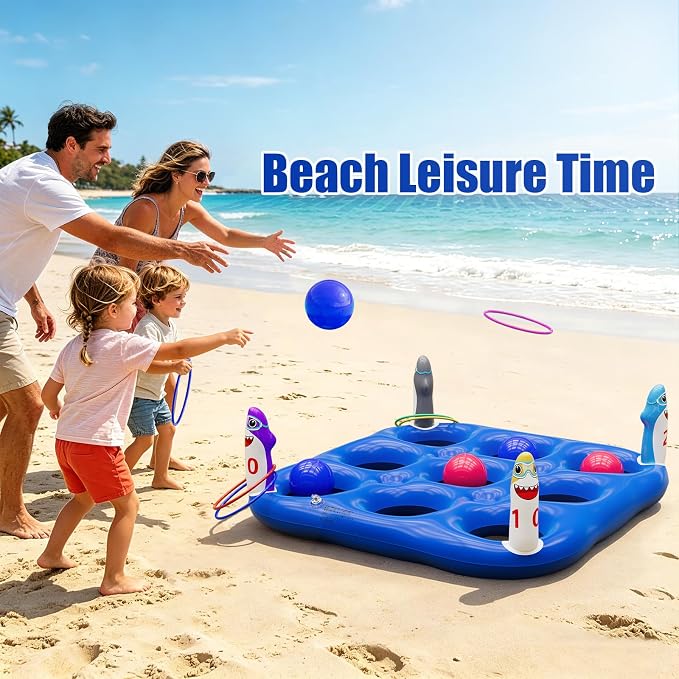 Shark Pool Toys Games Set, 2-in-1 Giant Inflatable Tic Tac Toe Float Game & Ring Toss Game with 10 Balls & 6 Rings, Outdoor Summer Fun Beach Yard Swimming Pool Games for Adults Teens Kids 6+