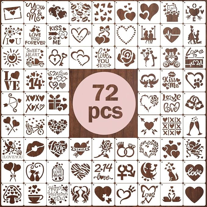 72 PCS 3x3 Inch Valentine‘s Day Stencils for Painting - Love red HeartKiss red RoseCupid's Arrow Reusable Valentine's Painting Templates on Wood, Glass, Fabric, Window Door Decor DIY Decoration