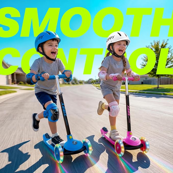 JOVA ZIFFY Multicolor 3 Wheel Scooter for Kids 3-5, Toddler Kick Scooters with LED Light-Up Wheels for Boys and Girls, 5 Adjustable Height and Lean-to-Steer Design, Support up to 110 lbs