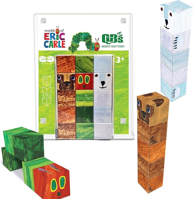 CreateOn Eric Carle Qubee 3 Pack Magnetic Cubes (Caterpillar, Brown Bear, Polar Bear) Playset, Magnetic Building Toys, Educational STEM & Montessori Tools, Magnetic Tiles for Kids Ages 3+, 15 Pieces