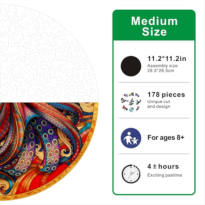 Hartmaze Octopus Riding Wave Wooden Puzzle, 178 Unique Irregular Pieces, 11.2x11.2 Inch, Exquisite Wooden Gift Box, Ocean Art Jigsaw for Adults & Kids 8+