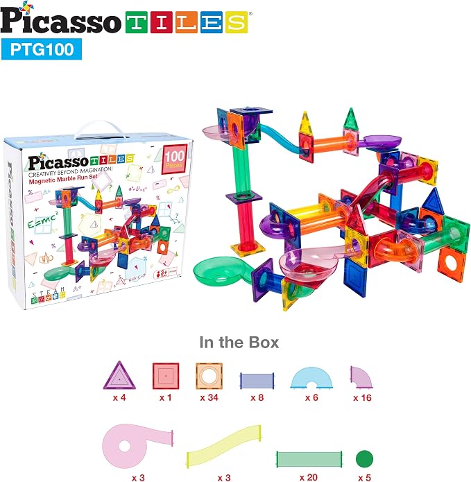 PicassoTiles 100PC Magnet Tiles + 100PC Marble Run Race Track Fun & Creative Playset Bundle, STEAM Learning & Educational Sensory Toy for Preschool & Kindergarten Kids Ages 3+, A Classroom Must Have