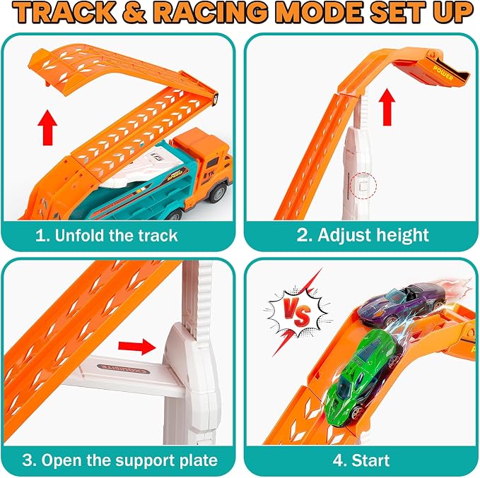 BainGesk Carrier Truck Toys for 3 4 5 6 Years Old Boys, 2.8 Ft Race Track Transport Cars with 6 Die-Cast Metal Toy Cars, Birthday Gifts Kids Age 3-5, Racing Toys Gifts for Toddlers