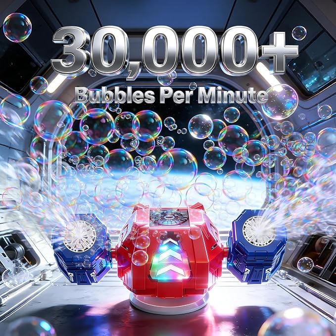 GoGonova Bubble Machine, 30000+ Bubbles/Min Rechargeable Kids Bubble Machine with Remote Control, Big Bubble Blower Maker, 360° Auto Rotation & 2 Speeds, 7-Color RGB Lights, Mecha Leader