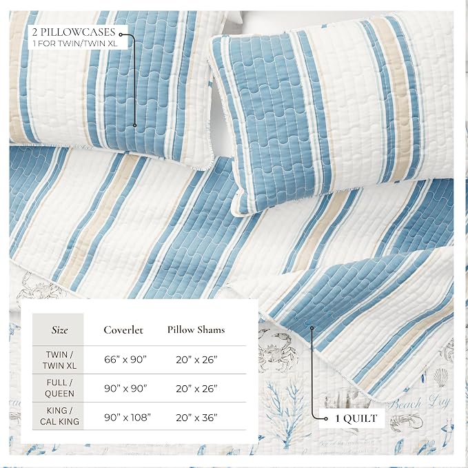 Great Bay Home Coastal Quilt Set - 3-Piece King/California King Size Nautical Bedding Set - Lightweight, All-Season, Reversible Bedspread (Flag Stripe/Ocean Stories)