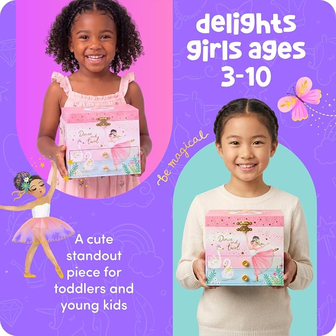 Giggle & Honey Musical Ballerina Jewelry Box for Girls - Kids Music Box with Spinning Ballerina, Ballet Birthday Gifts for Little Girls, Jewelry Boxes, 6.8 x 5.3 x 6 in - Ages 3-10, Pink