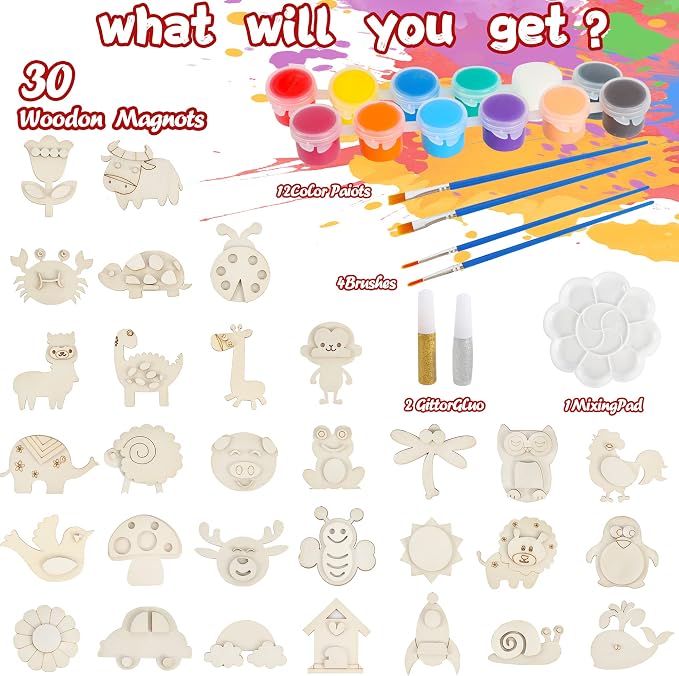 Glintoper 30 Wooden Magnet Painting Craft Kit, Paint Your Own Easter Art and Craft Supplies, Basket Stuffers Party Favors for Boys Girls, Classroom Prize Goodie Bag Gifts
