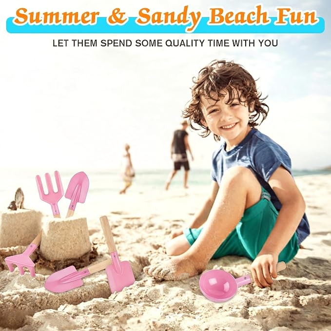 6 Piece Kids Gardening Tools, Children Beach Sand Toys, Made of Metal with Sturdy Wooden Handle, Safe Beach Gardening Set, Spoon, Fork, Rake & Shovel, Gifts for Kids(Pink)