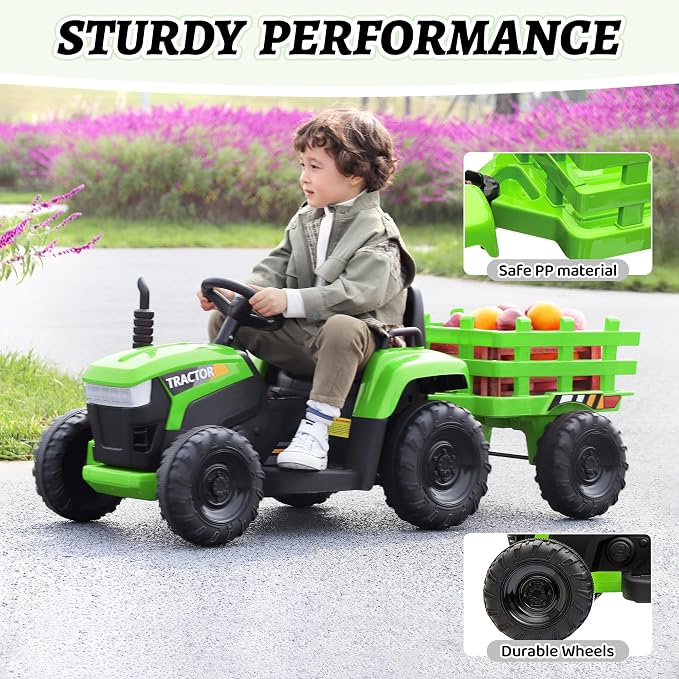 TOBBI Kids Electric Toy Tractor, 12V Battery-Powered Toddlers Ride On Car to Drive, Motorized Trailer Vehicle with 35W Dual Motor/6-Wheels/3-Speeds/LED & Horn Functions for Chirdren Aged 3-8-Green