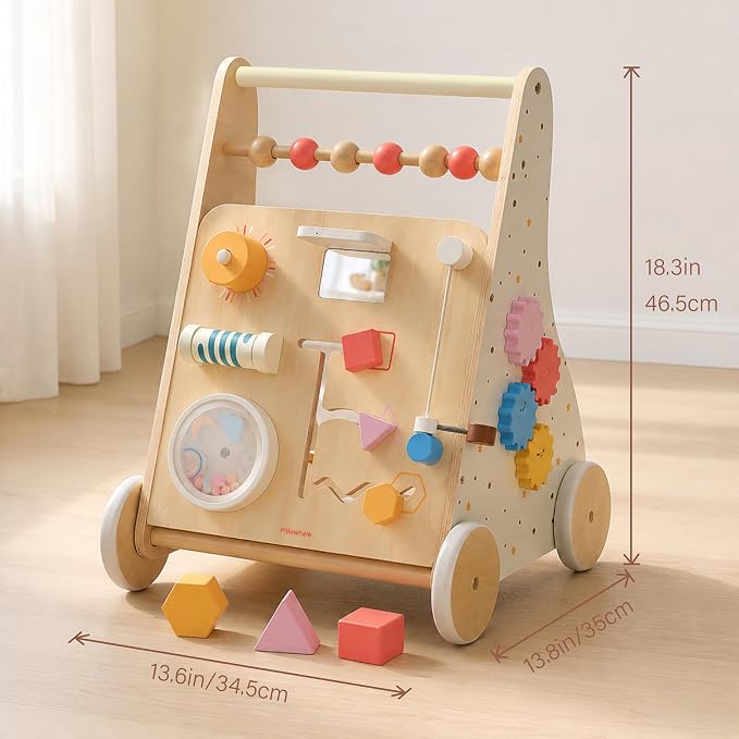 Pillowhale Wooden Baby Walker with Wheels Montessori Activity Push Walker Toy for Toddlers Adjustable Speed & Activity Center for Girls Boys 12M+