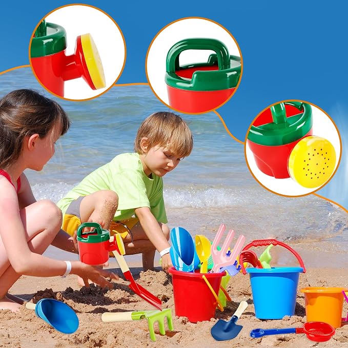8 Pcs Kids Beach Sand Tools Metal Beach Spoon, Fork, Trowel, Rake, Flat and Pointed Shovel Sand Toys with Sturdy Wooden Handle Watering Can Sand Sifter Sieves for Children Beach Gardening Use