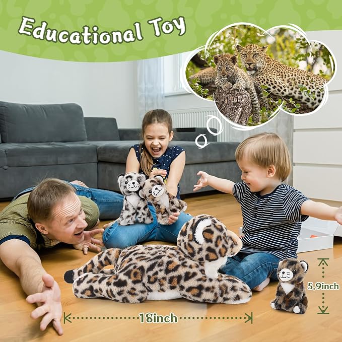 MorisMos Cheetah Stuffed Animal with Babies for Girl Kid,18'' Large Mommy Cheetah with Cub Plushies,Mama and Baby Leopard Stuffed Animal Plush Toys,Realistic Leopard Toy Gifts for Birthday Party Decor