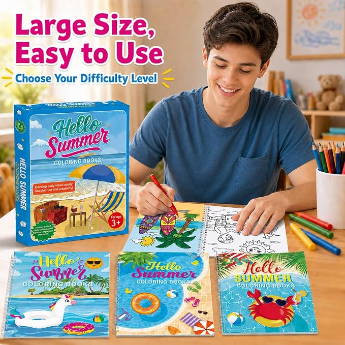 4 Pack Hello Summer Coloring Books 8.6x11 Inch Spiral Bound Coloring Books Bulk Summer Beach Activity Book DIY Crafts for Birthday Gifts Pool Party Favors Hawaiian Tropical Holiday Supplies