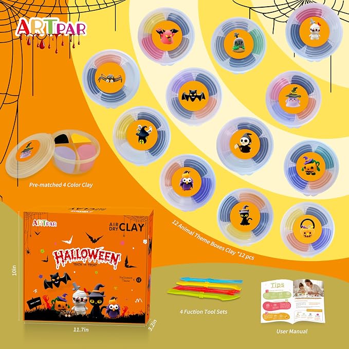ARTPAR Halloween Crafts for Kids,Air Dry Clay Crafts Kit,12 Boxes Modeling Magic Soft Clay Art Sculpting Supplies,DIY Molding Clay Kit Hallowmas Pumpkin Party Favors for Boys & Girls Age 3-12