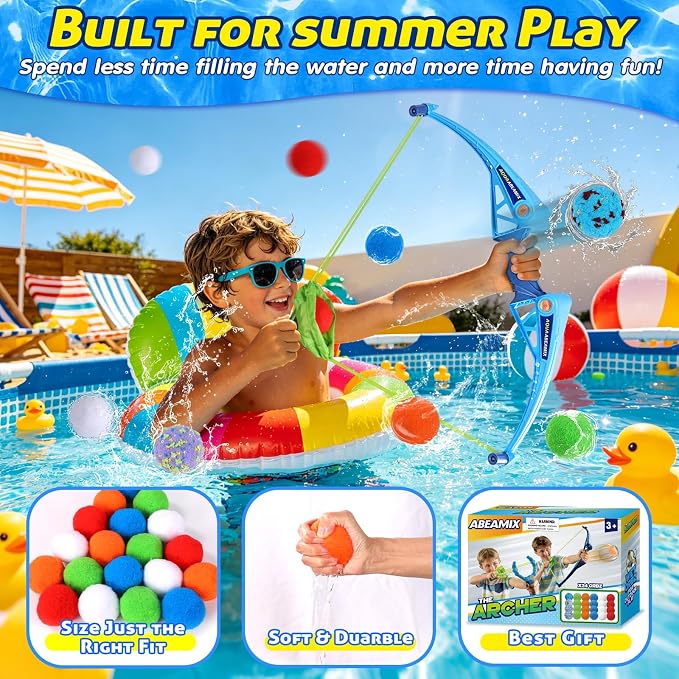 Reusable Water Balloons Set For Kids Outdoor, 2 pcs Bow and Arrow Ball Sets & 2 Slingshot Launcher with 24 Soft Water Balls, Pool Beach Yard Water Fight Fun, Summer Water Toys for Boys Girls Adults