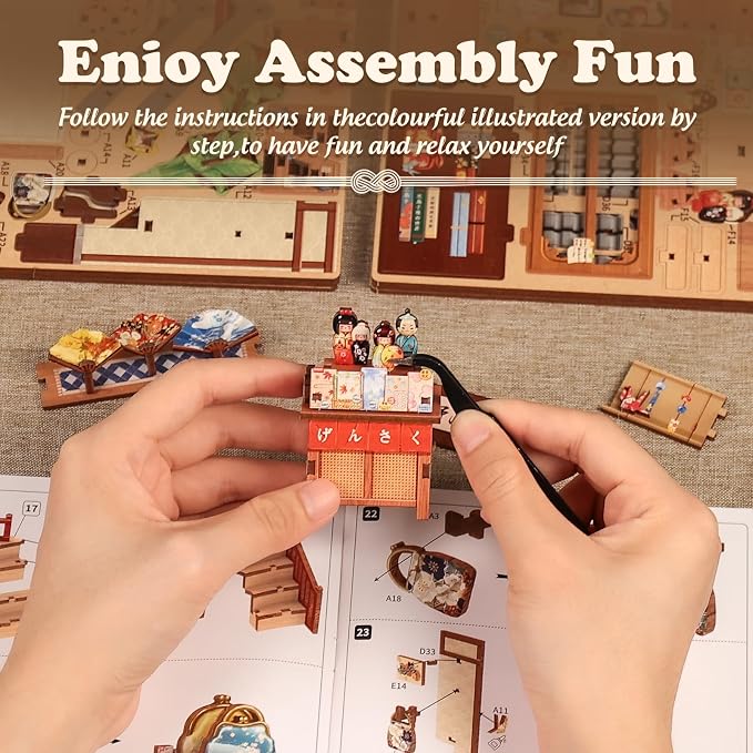 Cutefun Book Nook Kits for Adults, DIY Miniature Dollhouse Booknook Kit, Japanese Mini House Building Kit with LED, 3D Wooden Puzzle Bookshelf Insert Decor Creative Gifts for Teens (Folding Fan Shop)