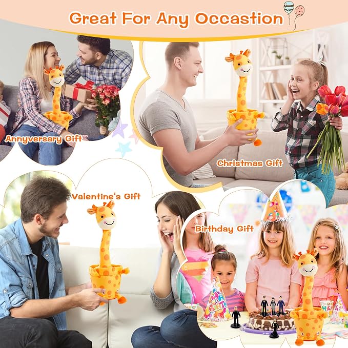 Dancing Talking Giraffe Toy, Stuffed Animal Baby Toy Repeating What You Say, Glowing Musical Giraffe Gifts for Toddlers 1-3 Years Old, for Kids (Smiling Giraffe)