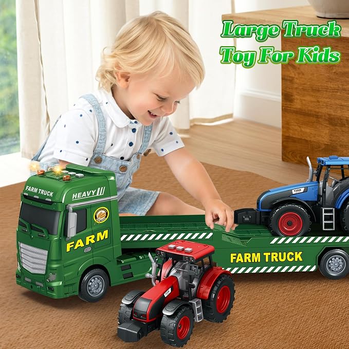 3-in-1 Farm Truck Toys for Kids Ages 3-6 – 25.6 Inch Extra-Large Inertia Semi Trailer with Lights & Sounds, Detachable Tractor and Light & Sound Farm Vehicle