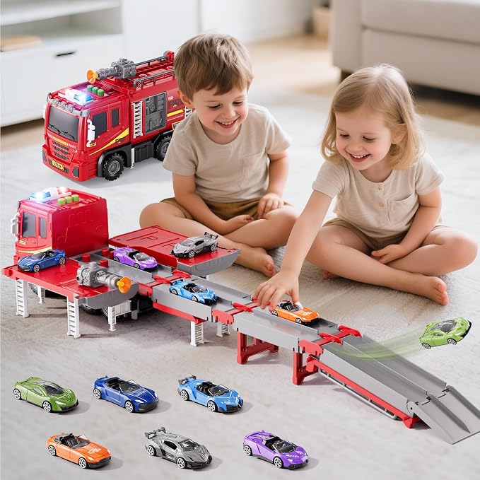 Fire Trucks Toy Set for Boys Age 3-5 4-7, Fire Car Truck for Toddlers 3 4 5 6 Years Old, Transport Truck Christmas Birthday Gifts Race Car Sets, Kids Toddlers Firetruck Toys with Light Sound Shooting