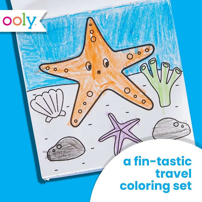 Ooly Kids Travel Activity Kit – 9 Jumbo Crayons & 48 Coloring Pages, Car Crafts for Kids, Mess-Free Road Trip Art Set, Airplane Activities – Sea Life