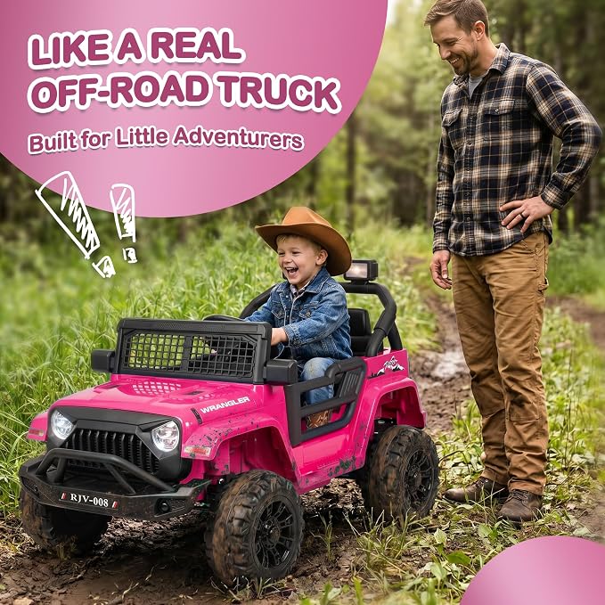 12V 7AH Kids Ride-On Truck Jeep, Electric Car with Parent Remote Control, Spring Suspension, LED Lights, Bluetooth, Music, Pink