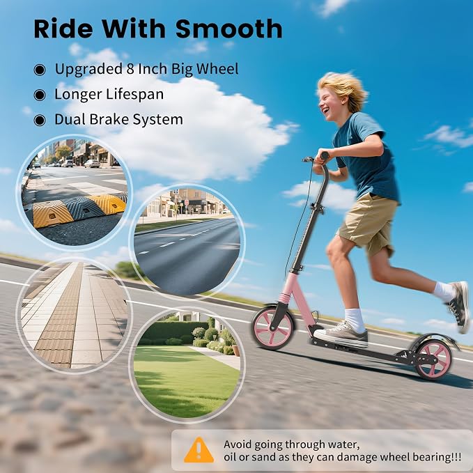 Scooter for Kids 8-12, Teens & Adults, Foldable, Lightweight, Kick Scooter with Hand Brake & Foot Brake, Widen Deck, 4 Adjustable Levels, Max Load 240 LBS