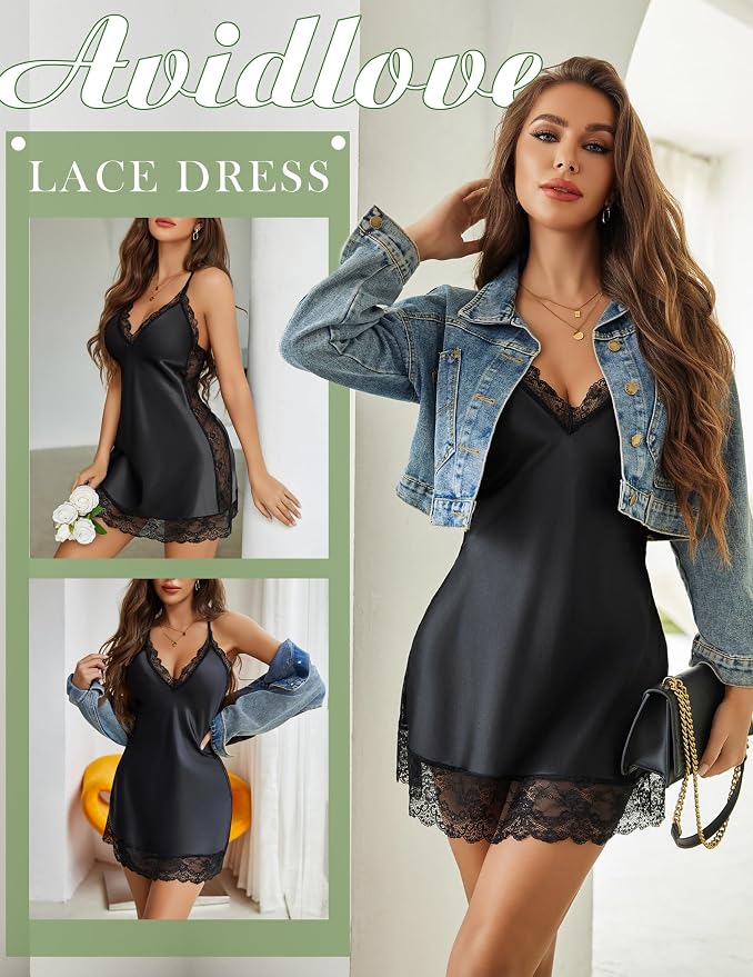Avidlove Women Lingerie Satin Lace Chemise Nightgown Sexy Full Slips Sleepwear S-4XL
