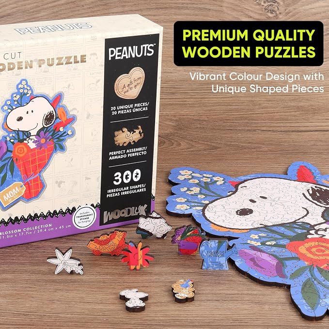 Peanuts Puzzles for Adults – Wooden Puzzles Gifts for Mom Grandmother Daughter, 300 Pieces Unique Shaped Jigsaw Puzzles, 5MM Thick, Officially Licensed Merchandise – Mom Bouquet, 17.7" x 11.5"