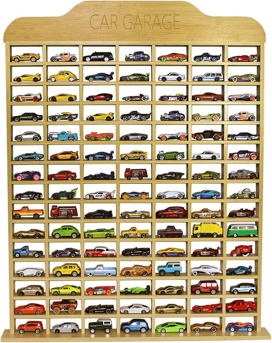 Car Garage Toy Shelf Display - Wall Mount for 1/64 Diecast Toy Cars - Wooden Wheels Shelf - Gift for Collectibles - Wall-Mounted Toy Car Storage Cabinet (105 Cars)