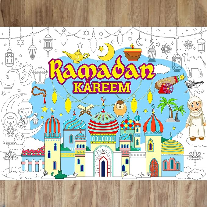 ZOIIWA Ramadan Mubarak Coloring Poster for Eid Giant Coloring Poster Large Ramadan Kareem Coloring Tablecloth Jumbo Coloring Book for Classroom Home Birthday Party Supplies Favor 31.4 x 43.3 Inch
